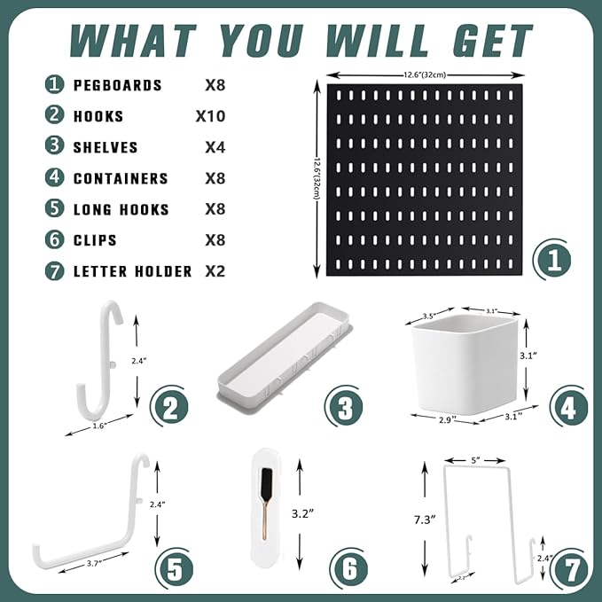 MULSAME Pegboard Combination Kit, 25.2" x 50.4" Wall Mounted Storage Set with 8 Pegboards & 40 Accessories Hanging, Peg Boards Organizer
