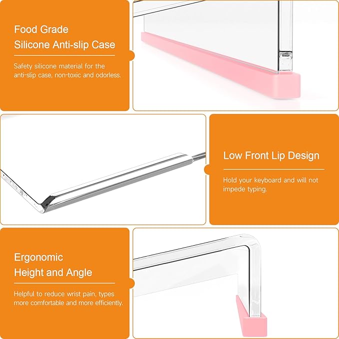 BEEGO Ergonomic Computer Keyboard Stand - Clear Acrylic Keyboard Riser Tilted Keyboard Holder Keyboard Tray with Lightpink Non-Slip Strip for Easy Typing at Home School Office Desk Accessories