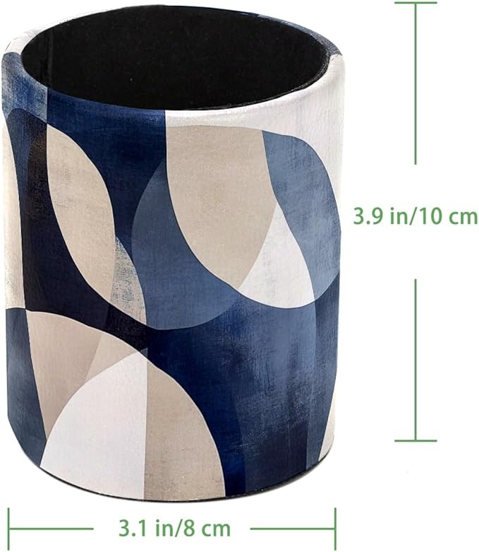 Leather Pen Holder for Desk, Abstract Geometric Blue Brown Print Pencil Cup Desktop Organizer Makeup Brush Holders Office Supplies for Home, Kids & School