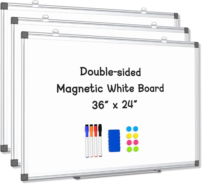 AMUSIGHT 3 Pack Double-Sided Magnetic Whiteboard, 36" x 24" Dry Erase Board, Aluminum Frame White Board for Wall, Hanging Mounting White Board Dry Erase Marker Board for Office, School, Home
