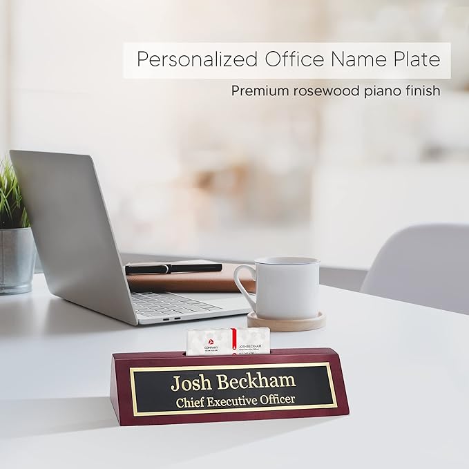 Business Wood Name Plate for Desk | Custom Desk Name Plate Personalized Gift for Office, The Perfect Engraved Name Plaque By Engraving International (2" x 8" With Card Holder, Rosewood Piano Finish)