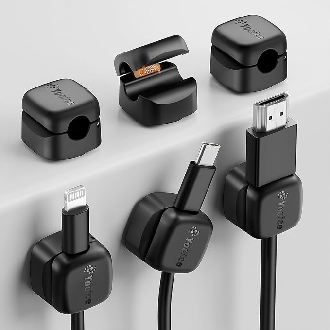 Yocice 6Pack Rotatable Cord Organizer,Spring Cable Clips Desk Cable Management Cord Holder Adhesive Phone Charger Cord Clips for Home Office Car Wall Nightstand Accessories, Black