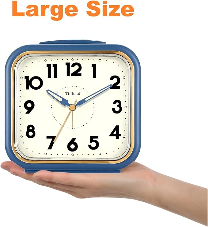 Tinload 5.5" Large Analog Alarm Clock • Silent Non Ticking • Gentle Wake • Beep Sounds • Increasing Volume • Battery Operated Snooze and Manual Light • Retro Blue