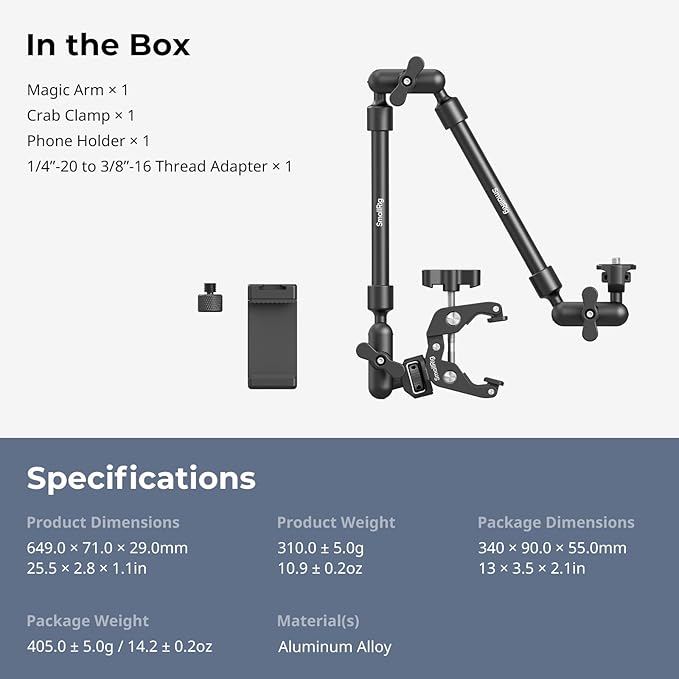 SMALLRIG 22" Magic Arm Clamp, Overhead Phone Mount Holder Stand, Flexible Desk Camera Mount, Articulating Friction Boom Arm, for POV Shot, Filming, Light, Webcam, Action Camera