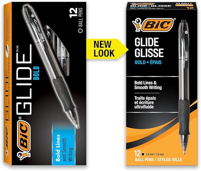 BIC Glide Bold Black Ballpoint Pens, Bold Point (1.6mm), 12-Count Pack, Retractable Ballpoint Pens With Comfortable Full Grip