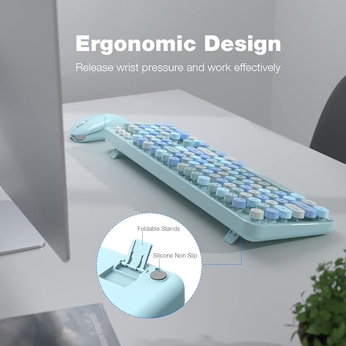MOFII Wireless Keyboard and Mouse Combo, Retro Keyboard with Round Keycaps, 2.4GHz Dropout-Free Connection, Cute Wireless Mouse for PC/Laptop/Mac/Windows XP/7/8/10 (Blue-Colorful)