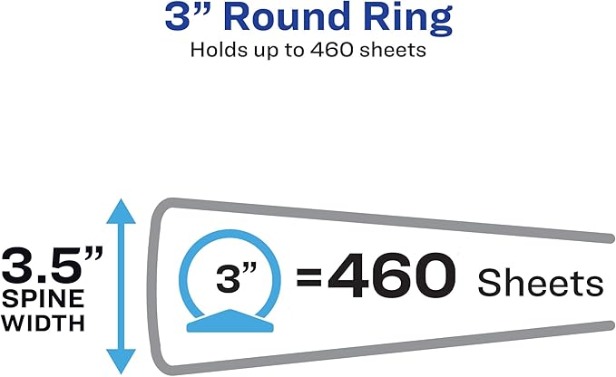 Avery Standard View 3 Ring Binders, 3" Round Rings, 460-Sheet Capacity, 3.5 Inch Wide Spine, Black Binders, Ideal for Lightweight Organization and Occasional Referencing (4-Pack of 03361)