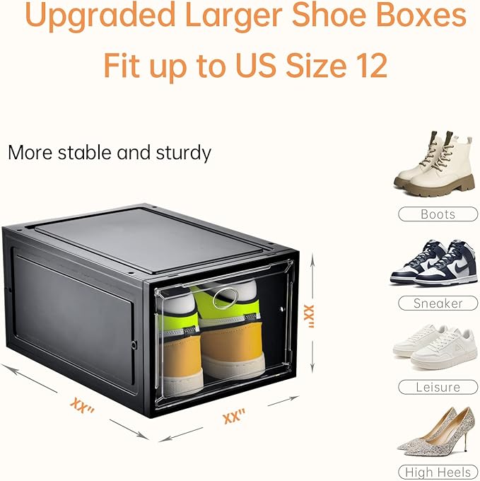 Amllas 12 Pack Shoe Boxes Stackable,Upgraded Sturdy Shoe Storage Boxes with Clear Magnetic Door,Multifunctional Sneaker Storage, Shoe Box Organizer Fit up to US Size 12 Gray(13.8”x 9.84”x 7.1”)