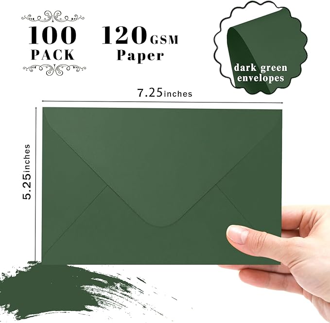 100 Pack Dark Green Envelopes 5x7, Goefun A7 Envelopes for Invitation with Euro Flap, 120GSM, Ideal for Mailing, Wedding, 5.25 x 7.25 in