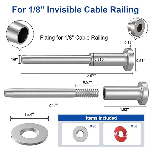 BLIKA 20 Pack 1/8" Invisible Cable Railing Kit and 20 Pack Cable Railing Adhesive Sleeves, Deck Wire Railing Kits for 2"×2" Wood/Metal Post, T316 Marine Grade
