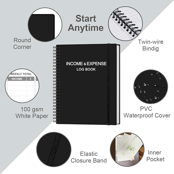 Heveboik Income & Expense Log Book - A4 Income and Expense Tracker for Small Business, Accounting Bookkeeping Tracking for Woman and Man, 8" x 10.5", Black