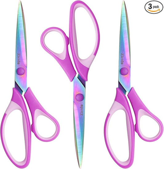 Zicolu 8.5" Scissors All Purpose, Multipurpose Office Scissors Set of 3 Pack, Titanium Coating Sharp Blade, Soft Comfort-Grip, Ideal for Fabric, School, Home, Craft & Sewing, Right/Left Handed, Purple