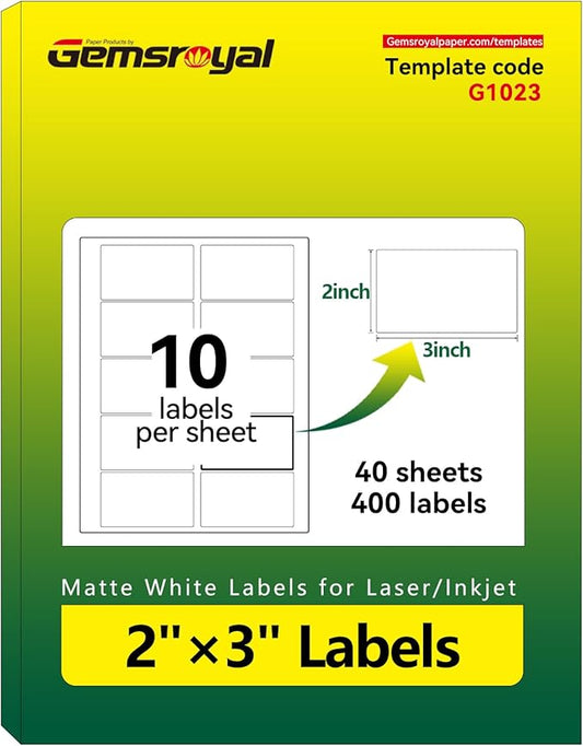 Gemsroyal 2"×3" Address Labels Printable,3×2 inch White Matte Shipping Label Stickers for Laser/Inkjet Printer,3"×2" Name Tags Custom Sticker Paper,40 Sheets,400 Blank Labels in Total