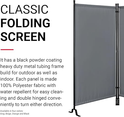 Proman Products - Galaxy 2 Panel Section Privacy Folding Screen Divider, Water Repellent Fabric Room Divider with Black Powder Coated Metal Frame for Indoors or Outdoors (Gray)