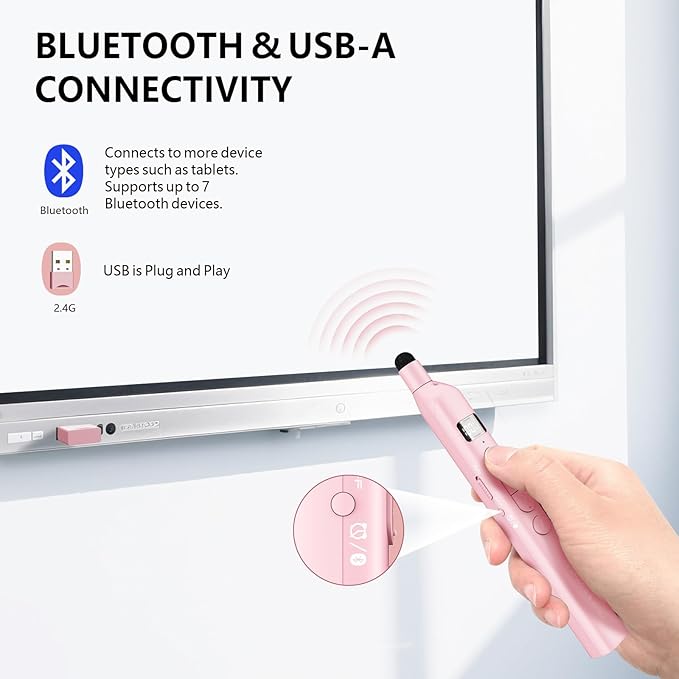 Norwii N21 Bluetooth Presentation Clicker with Telescopic Teaching Pointer, Presentation Remote with Retractable Stick for PowerPiont, Wireless Presenter, Slide Advancer - Pink