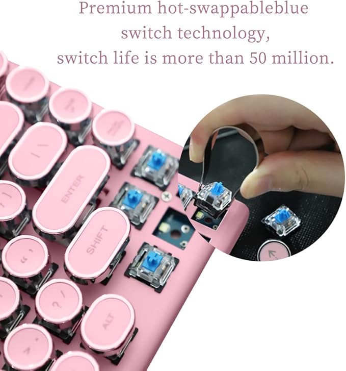 Adventurers Typewriter-Style Retro Mechanical Keyboard LED Backlight 83 Keys Bluetooth 5.0 Blue Axis Pink Color Panel Compatible with iOS/Android/Windows/Vista/Linux/Mac Office/Gaming, 12.3x6.6x1.6in