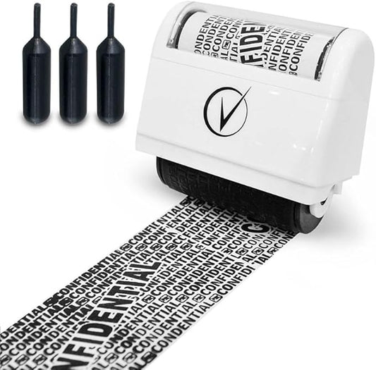 Vantamo Identity Theft Protection Roller Stamp for Hiding Sensitive Information, Wide Confidential Stamp with 3 Ink Refill, Security Stamp Roller for Identity Theft Prevention, Classy White