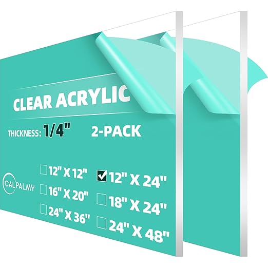 CALPALMY (Pack of 2) 12 x 24 Inch Clear Acrylic Sheets 1/4" Thick Plexiglass; Use for Craft Projects, Signs, Display Cases, Sneeze Guard and More; Cut with Cricut, Engraver, Power Saw or Hand Tools