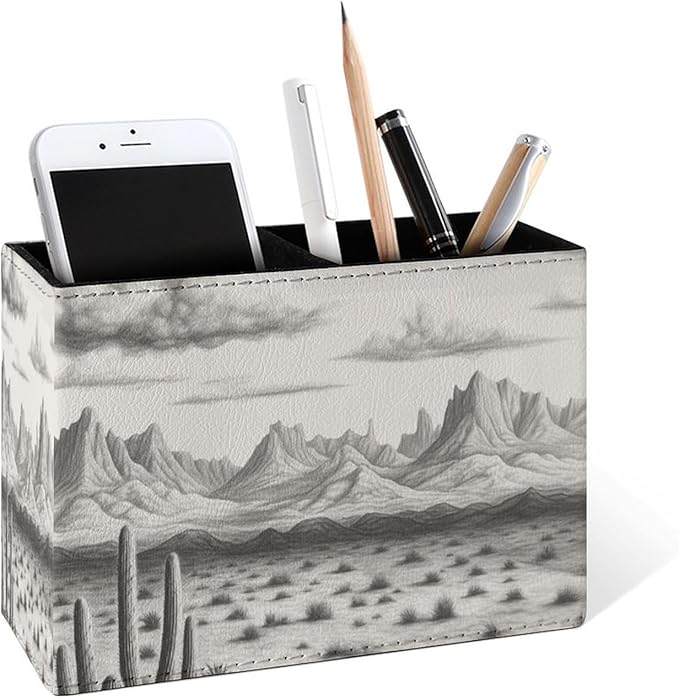 Famame Vintage Desert Mountains Pencil Holder for Desk, Leather Desktop Container Pen Cup Storage Study Table Pen Organizer Makeup Brush Holder for Classroom Office Home