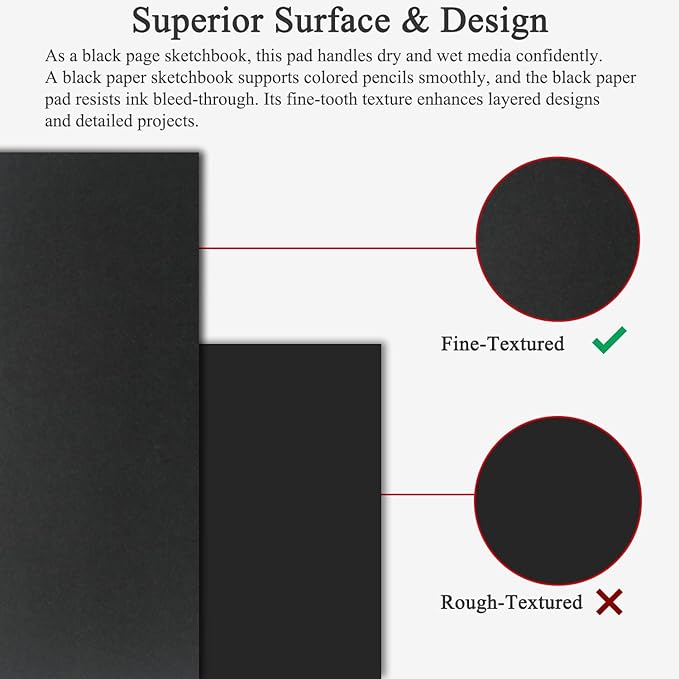 Fuxi Black Paper Sketchbook 9x12, 60 Sheets（90lb/150gsm） Hardcover Spiral Bound | Black Paper Notebook for Gel Pen, Colored Pencil, Artist Supplies for Adults, Teens & Students.