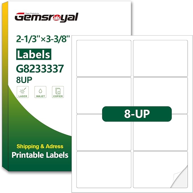 Gemsroyal 2-1/3”×3-3/8”Printable Name Tags Self Adhesive,2-1/3×3-3/8 White Matte Shipping Label Stickers for Laser/Inkjet Printer,Large Moving Sticker Paper,40 Sheets,320 Blank Labels in Total
