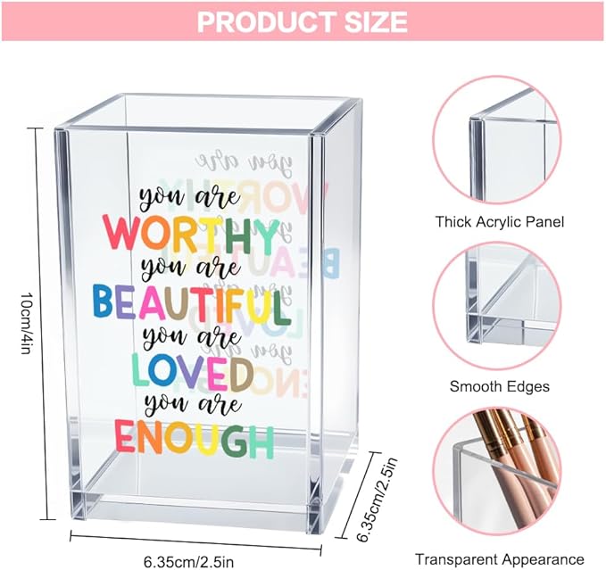 Vgrti You are Worthy Beautiful Acrylic Makeup Brush Organizer Holder, Boho Motivational Vanity Desk Organizer Accessories for Bedroom Office Decor, Inspirational Gifts for Women Girls Daughter Sister