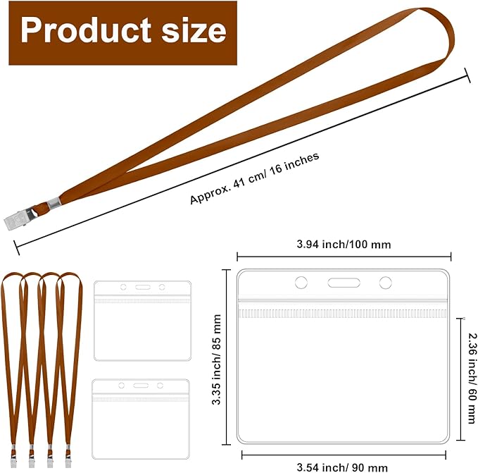 100 Pcs Lanyards for ID Badges and 100 Pcs Clear Name Tag Holders Reusable Lanyard with Clip Plastic ID Card Badge Holder Name Badges for Adults Kids Business School Office Supplies (Brown)