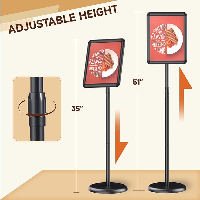 Newzueby Pedestal Floor Stand Sign Holder for 11*17 inches Poster or chalk board, Snap open frame,360° Rotation,Outdoor Indoor Standing Display Sign Holders for commerical, directional use, Black