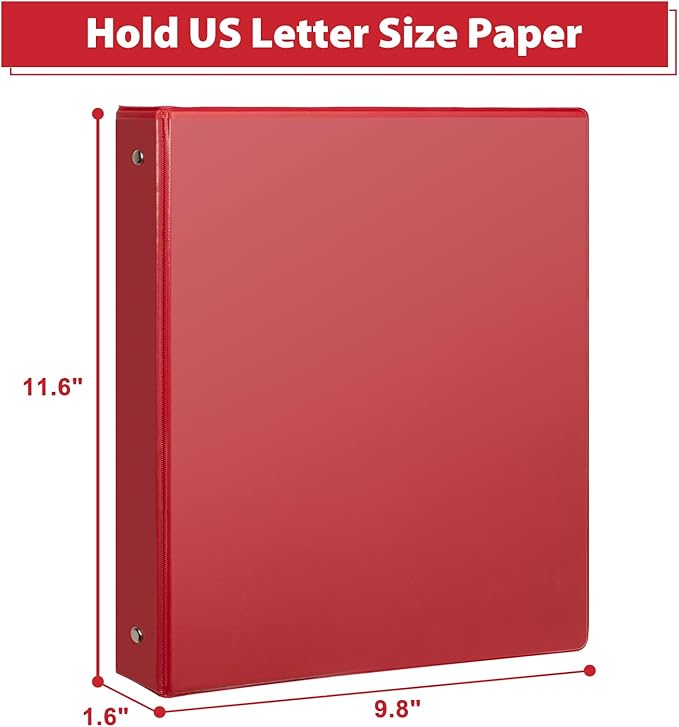 CIXILDTS 1-Inch Round Ring Binder, Standard 3 Ring Binder Fit Letter Size Paper, Presentation View Binders, 6-Pack, Red