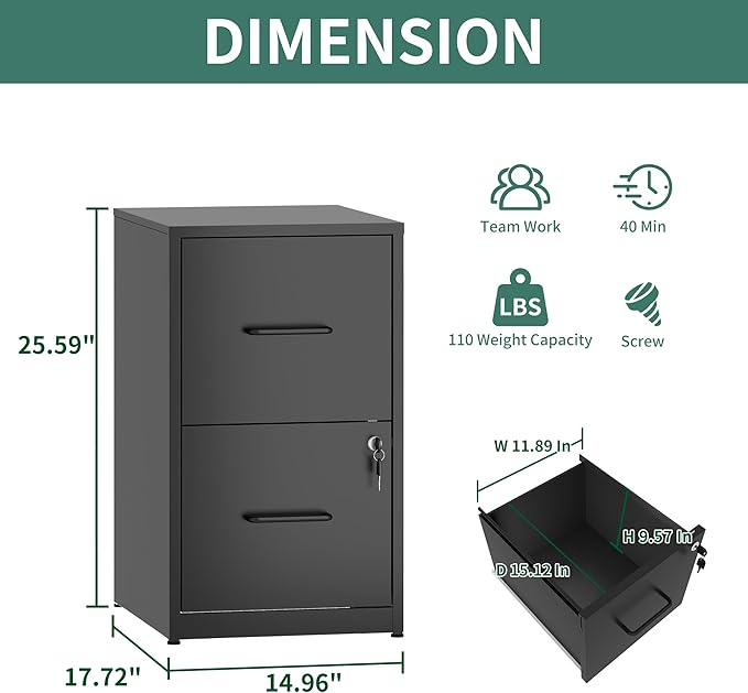 FLIXELIO 2 Drawer File Cabinet with Lock,Metal Vertical Filing Cabinets for Home Office,Heavy Duty File Storage Cabinet for Letter/Legal/A4/F4 Size File,Assembly Require (Black, Vertical 2 Drawer)