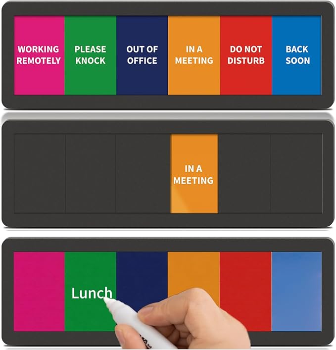 Office Door Signs with 6 Printed Status Options – Do Not Disturb, Out of Office, In a Meeting, Please Knock, Work from Home, Back Soon – Includes Custom Personalized Blank Sticker for Privacy Workspace or Studio Available and Away