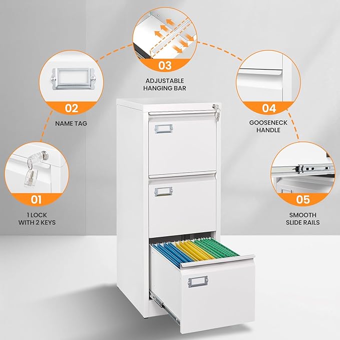 AFAIF 3 Drawer File Cabinet with Lock, Metal Filing Cabinets for Home Office, Vertical White Locking File Caninet, Steel Narrow Three Drawer File Cabnet for Letter/Legal / A4 / B4- Assembly Required