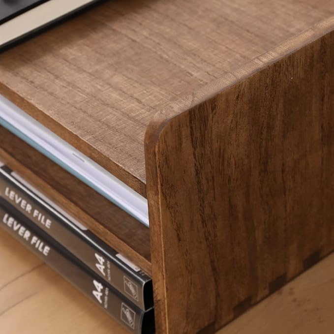 DDYURI Desk Organizer for File Folder Storage with 3 Paper Letter Tray &1 Vertical Compartment- Wood Office Desktop Document Organizer Rack - Filing Folder Mail Sorter Desk accessories Dark WJJ3K-DK