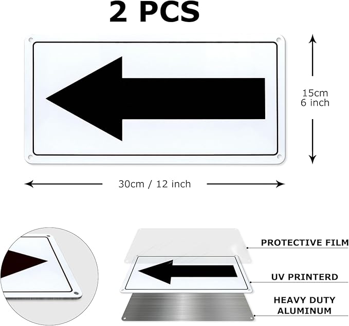 Black Arrow Sign Aluminum 10 x 5 Inch Heavy Duty Metal Waterproof Reflective Directional Sign for Outdoor 2 Pack