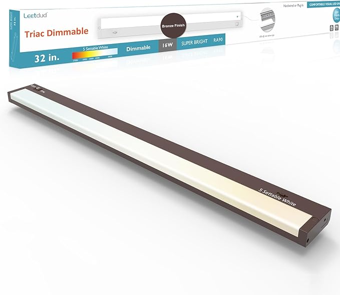 Leetdud LED Under Cabinet Lighting Hardwired or Plug in, 32 Inch 16W, Dimmable 5 Color 2700K/3000K/3500K/4000K/5000K, Linkable Eyes Care Design Counter Lights for Kitchen, Sink, ETL Listed, Bronze