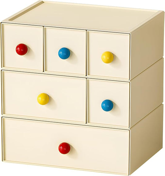 OSteed Desktop Drawers, Desk Organizer with 6 Drawers & Dopamine Handles, Stackable Craft Storage Box for Home Collection, Cosmetics, Office Supplies (3 Tiers, Cream)