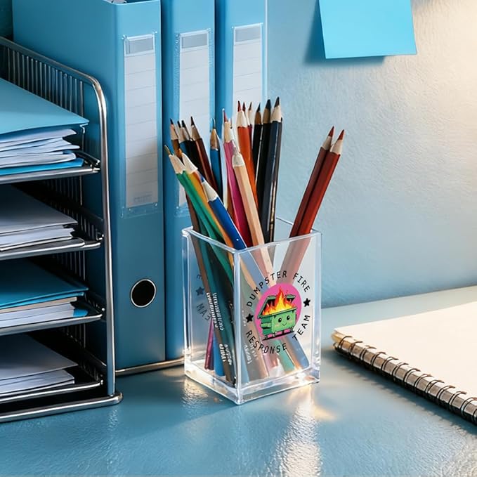 QYUVK Dumpster Fire Response Team Acrylic Pencil Holder Cup, Funny Dumpster Fire Pen Holder Gifts For HR Nurse Women Men, Hilarious Gifts for Coworkers Team Members, Pencil Cup for Desk