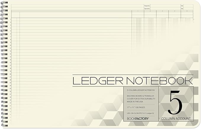 BookFactory Accounting Ledger Notebook/Large 5 Column Accounting Ledger Columnar (Five Columns) Log Book - 17'' x 11'', 100 Pages, Wire-O Landscape Format (Made in USA)