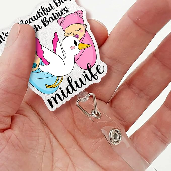 Sixrip lt's A Beautiful Day To Catch Babies Midwife Badge Reel, Funny Stork Retractable Badge Reel Gifts for Gynecologist Labor And Delivery Nurse Doctor Midwifery Postpartum Obstetrician, OBGYN Gifts