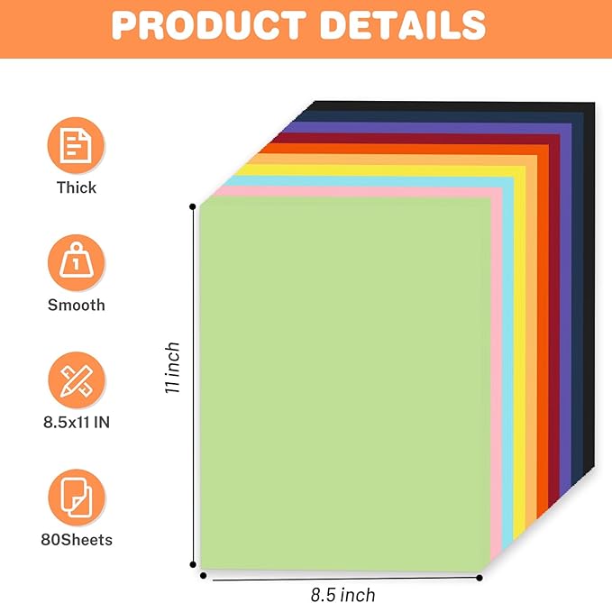 Cardstock 8.5 X 11, 80 Sheets 10 Colors Card Stock, 75lb/ 200gsm Copy Paper, Cardstock Printer Paper For Art, Drawing, Invitations, DIY Cards, Watercolor, Craft, Construction, School & Office Supplies