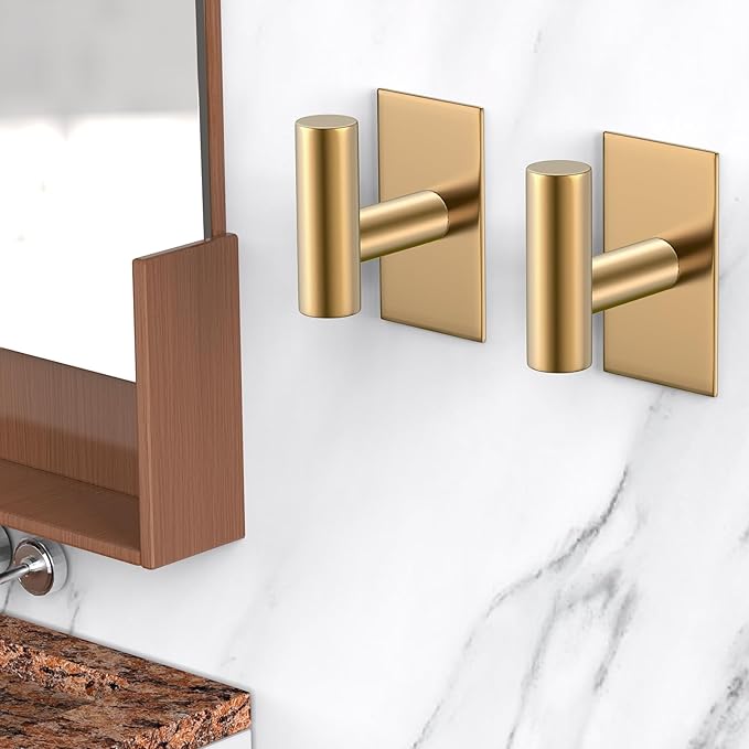 VAEHOLD Wall Towel Hooks, Heavy Duty Sticky Holder Waterproof Towel Hooks for Hanging Coat, Clothes, Closet Hook Wall Mount for Kitchen (Gold, 4 Pack)