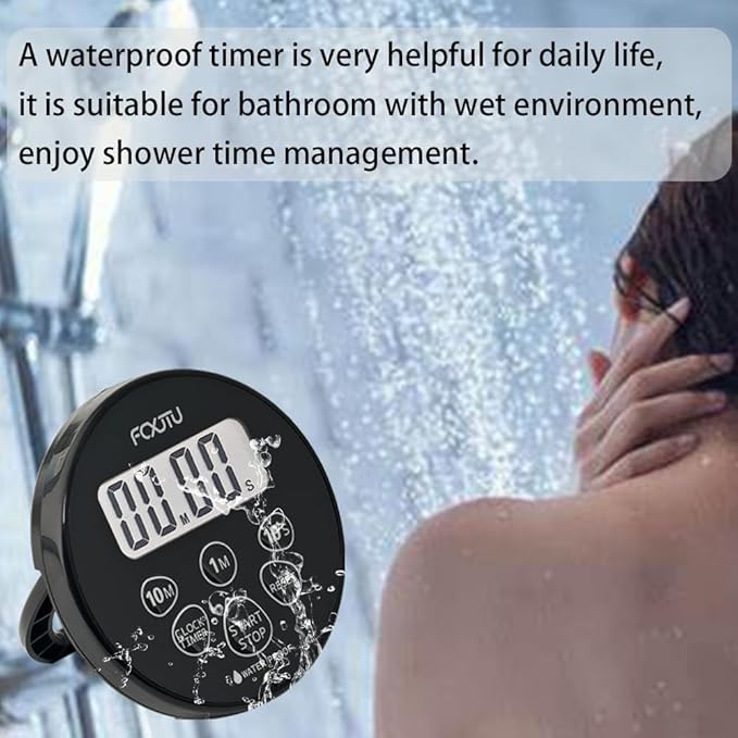 FCXJTU Digital Waterproof Shower Clock Timer, Bathroom Shower Countdown Timer with Alarm, Magnetic Back, Stand for Kitchen Cooking Dark Black