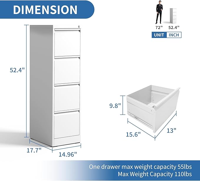 FLIXELIO 4 Drawer File Cabinet with Lock,Metal Vertical Filing Cabinets for Home Office,Heavy Duty File Storage Cabinet for Letter/Legal/A4/F4 Size File,Assembly Require (White, Vertical 4 Drawer)