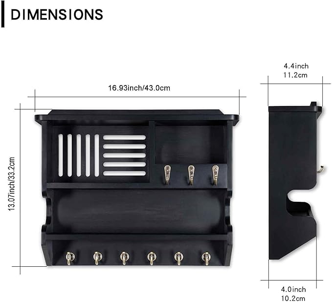 Mutsault Key Holder for Wall, Mail and Key Holder for Home Decor, Key and Mail Holder for Wall with Key Hooks, Black