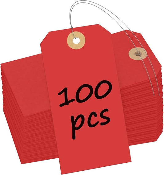 Uniclife 100 Pcs Red Blank Shipping Tags with Wire Attached 4.7 Inch Paper Tags Hang Tag with Reinforced Eyelet Large Marking Label Writable Price Inventory Label Tag, 4.7" x 2 3/8"