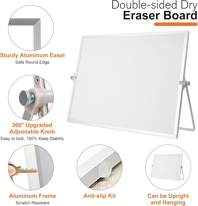 Dry Erase WhiteBoard, Aisuoker 16 x 12inch Magnetic Desktop Whiteboard with Stand, 10 Markers, 10 Magnets and 1 Eraser, Portable Double-Sided White Board for Kids Drawing Memo to Do and List Wall