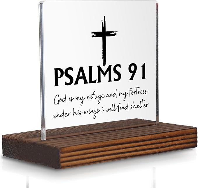 Psalm 91 Desk Sign, Christian Bible Verse Decor with Cross, God Is My Refuge and Fortress Gift for Women Men, Inspirational Faith Plaque for Office, Birthday, Baptism, Retirement, Christmas PA130