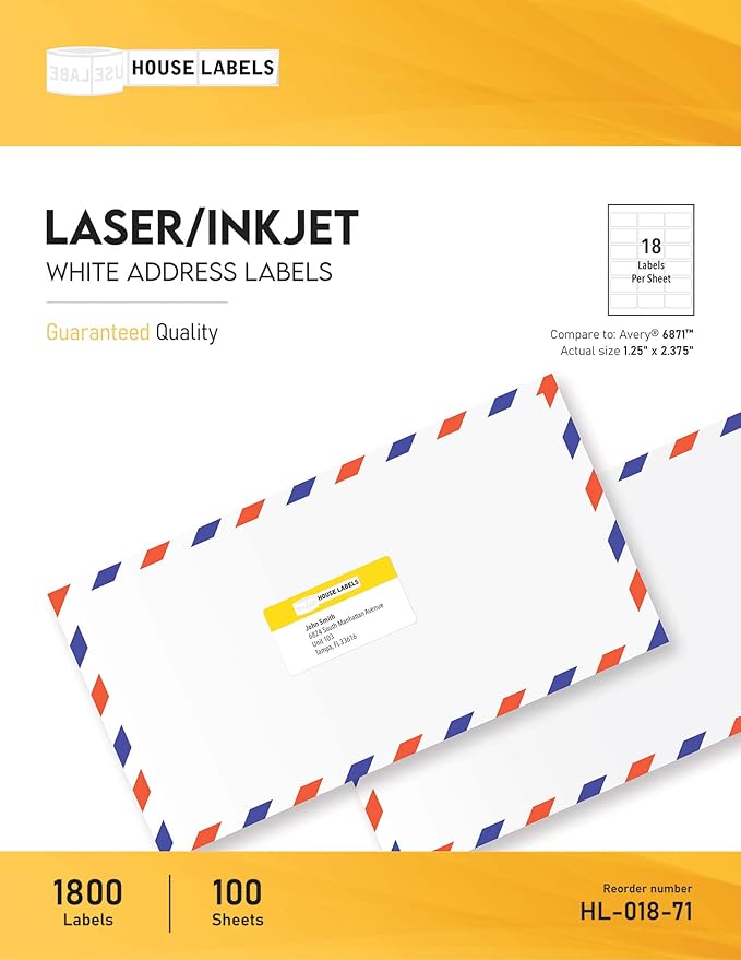 HOUSELABELS 18-up Address Labels (2-3/8" x 1-1/4") for Laser and Inkjet Printers, 50 Sheets
