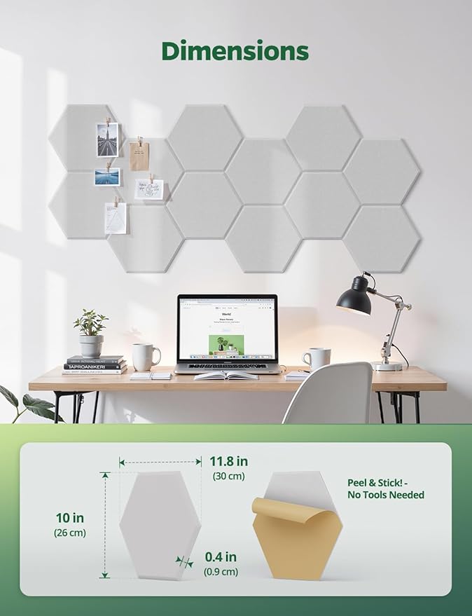 Large Bulletin Board 12" x 10", 12 Pack White Cork Boards for Walls, Self-Adhesive Hexagon Felt Pushpins Wall Tiles, Display for Messages, DIY Notice, Photo Decorations, Classroom, Office, Bedroom