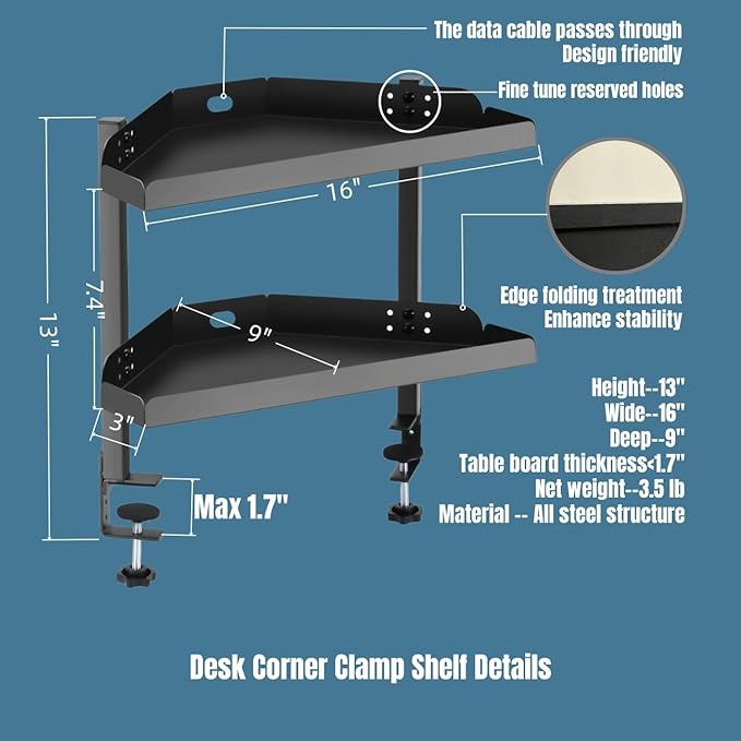 Yuxh Clamp On Desk Corner Shelf 2 Tier Cilp Under Table Corner Organizer, Black-M, 16 inch